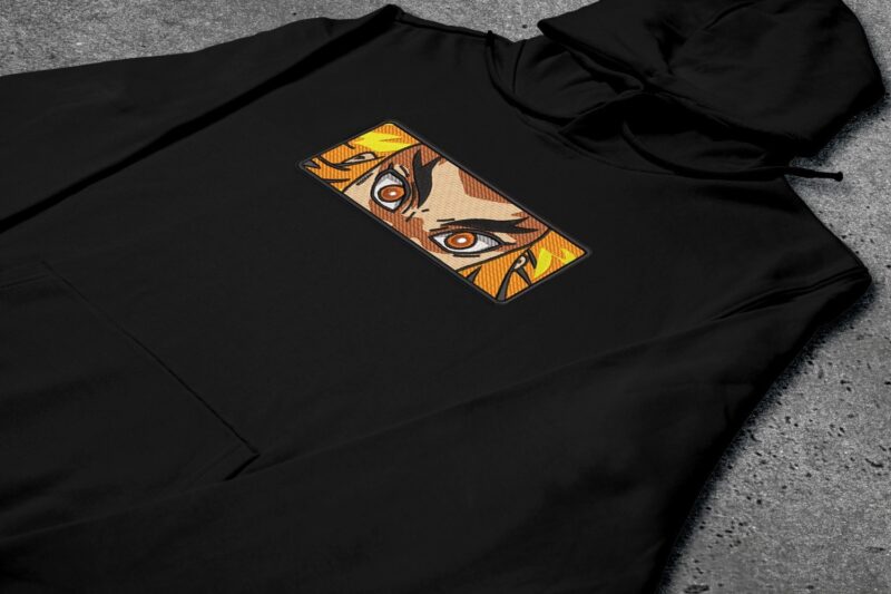 crni duks sa vezom inspirisan demon slayer anime serijalom, sa motivom kyojuro rengoku